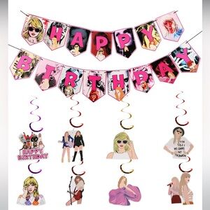 Birthday Decorations- Banner and Hanging Swirls